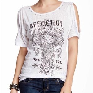 Affliction embellished T-shirt cold shoulder sm